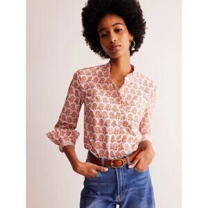 Boden Phoebe Retro Floral Ruffle Trim Cotton Twill Button Down Shirt SZ 6